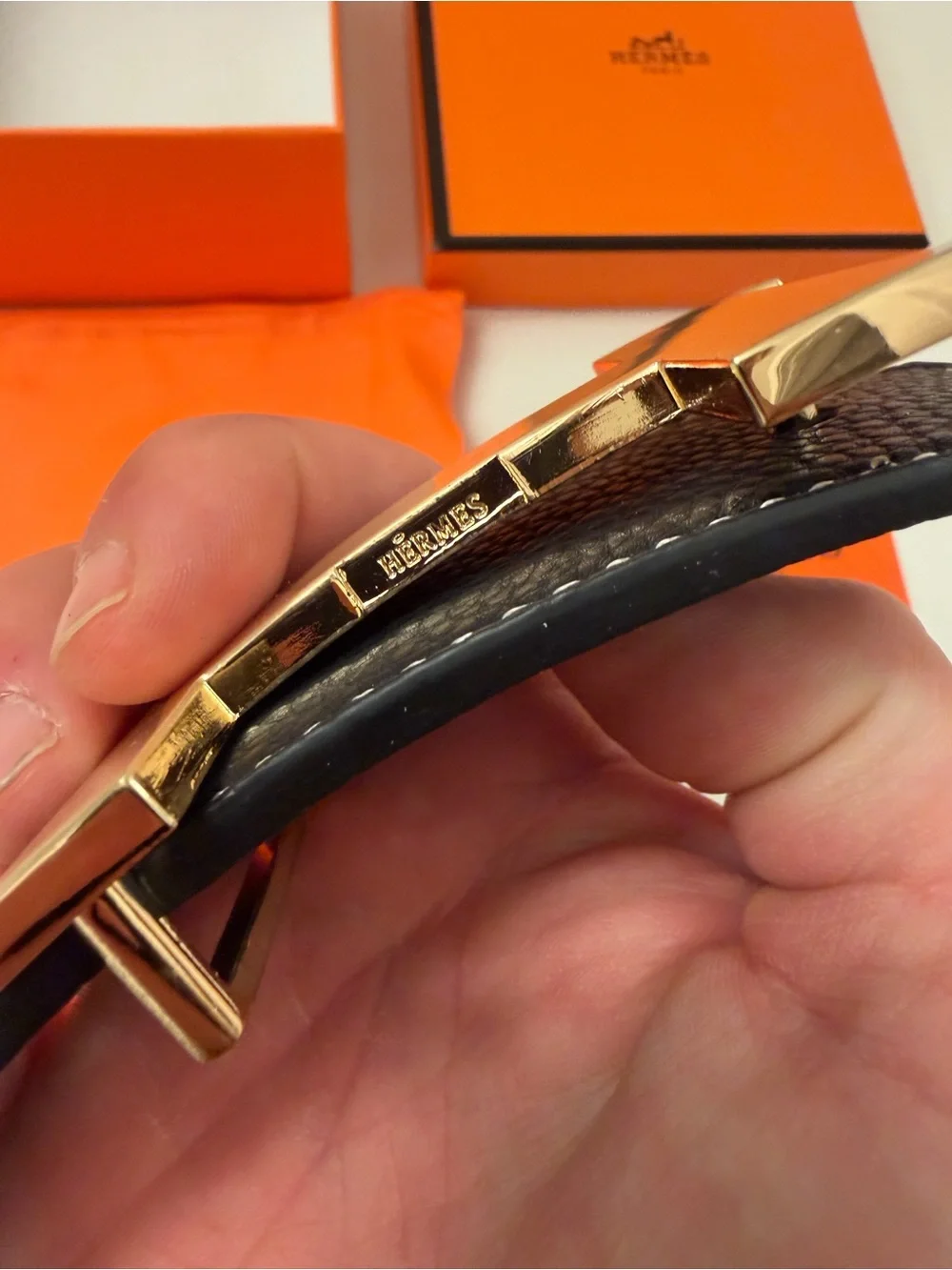 Hermès Black Leather H Buckle Belt Gold Hardware w/ Box
